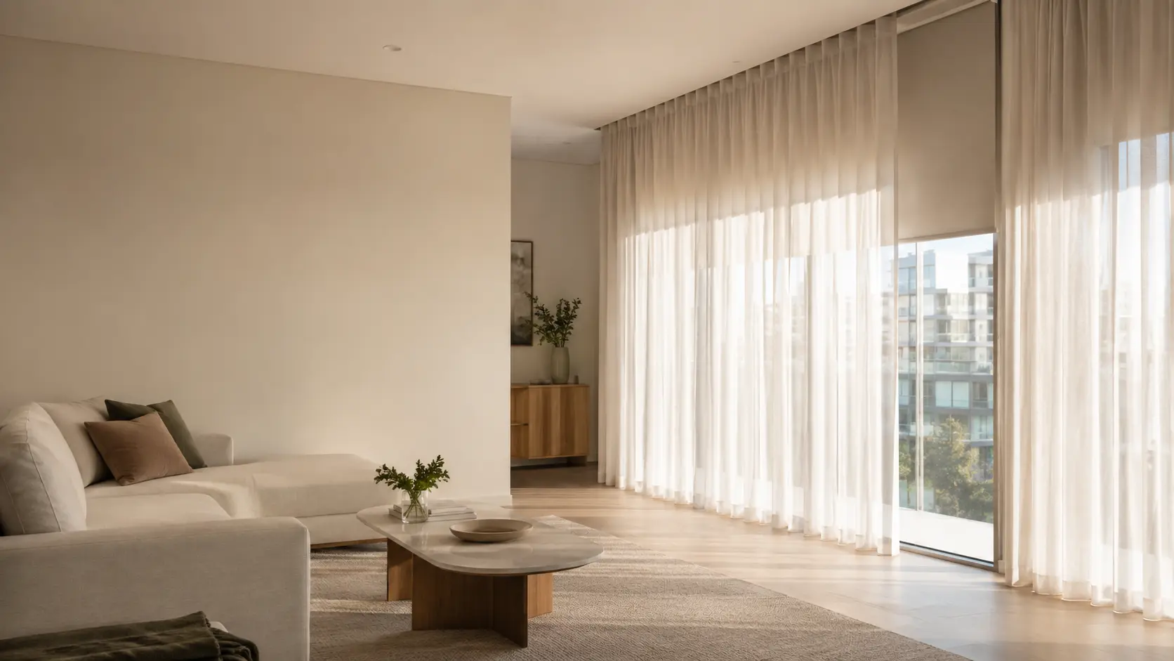 Layered sheer curtains and roller blinds in a contemporary Sydney home
